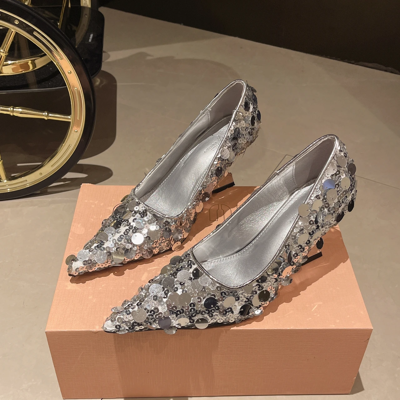 Shoes Woman 2024 Trend Brand Pumps Fashion Bling Sequin Pointed Toe Shallow Slip Nude Shoes High Wedges Heel Pumps Shoes