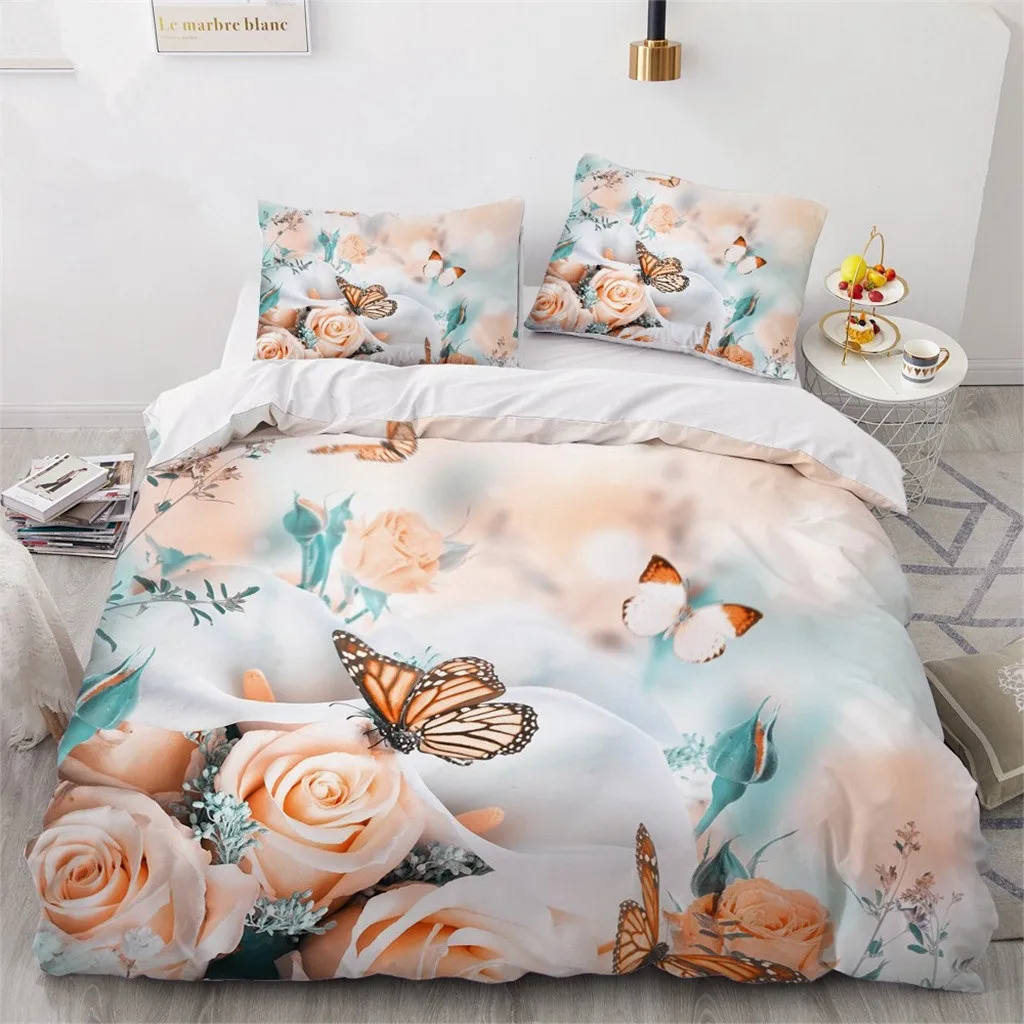 

Pink Rose Flower Butterfly Quilt 3Pcs Twin King Full Size Duvet Cover Bedding Linen Set Bedspread For a Child 200x200 240x220