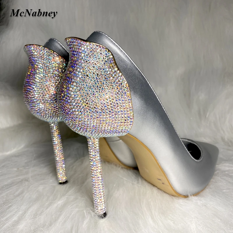 

2023 New Bud Shaped Rhinestone Woman Suede Pumps Pointed Toe Shallow Stilettos Ladies Wedding Bride Flower Thin High Heel Shoes