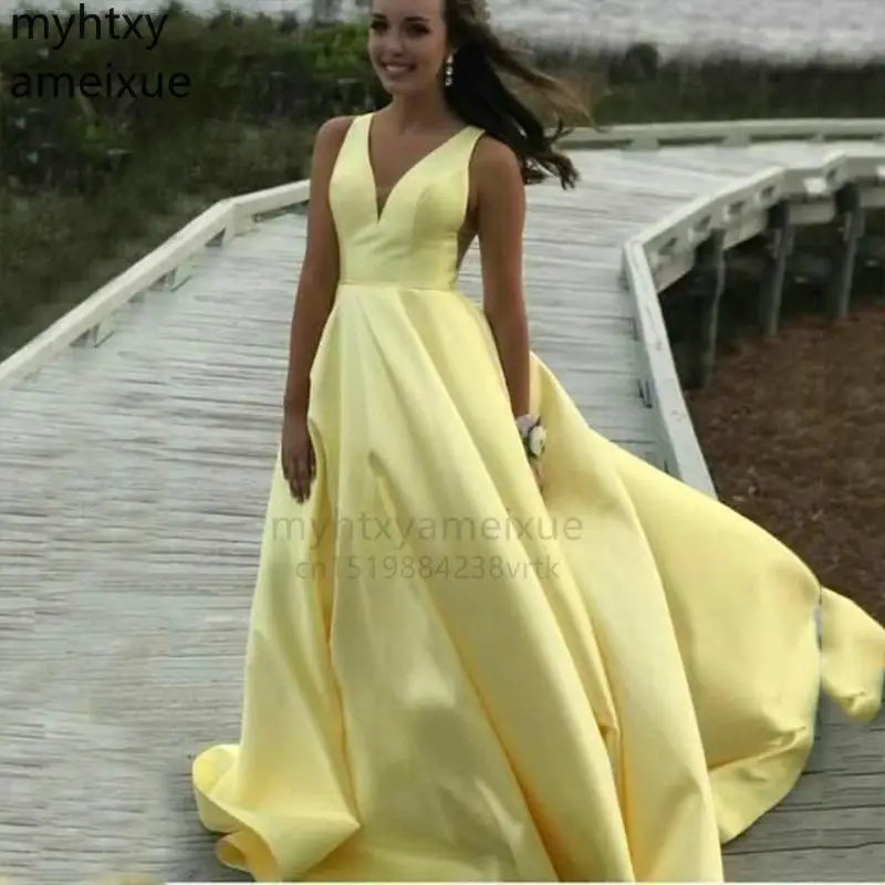 

Long Sexy Yellow Prom Dresses A-line Sleeveless Satin Evening Party Gowns Open Simple Back Girls Plus Size Robe De Soiree