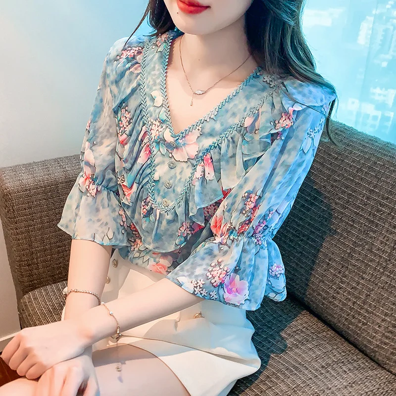 

Women's Summer V-Neck Ruffles Button Lace Pullover Flower Print Pleated Fashion Petal Half Sleeve T-shirt Office Lady Tops