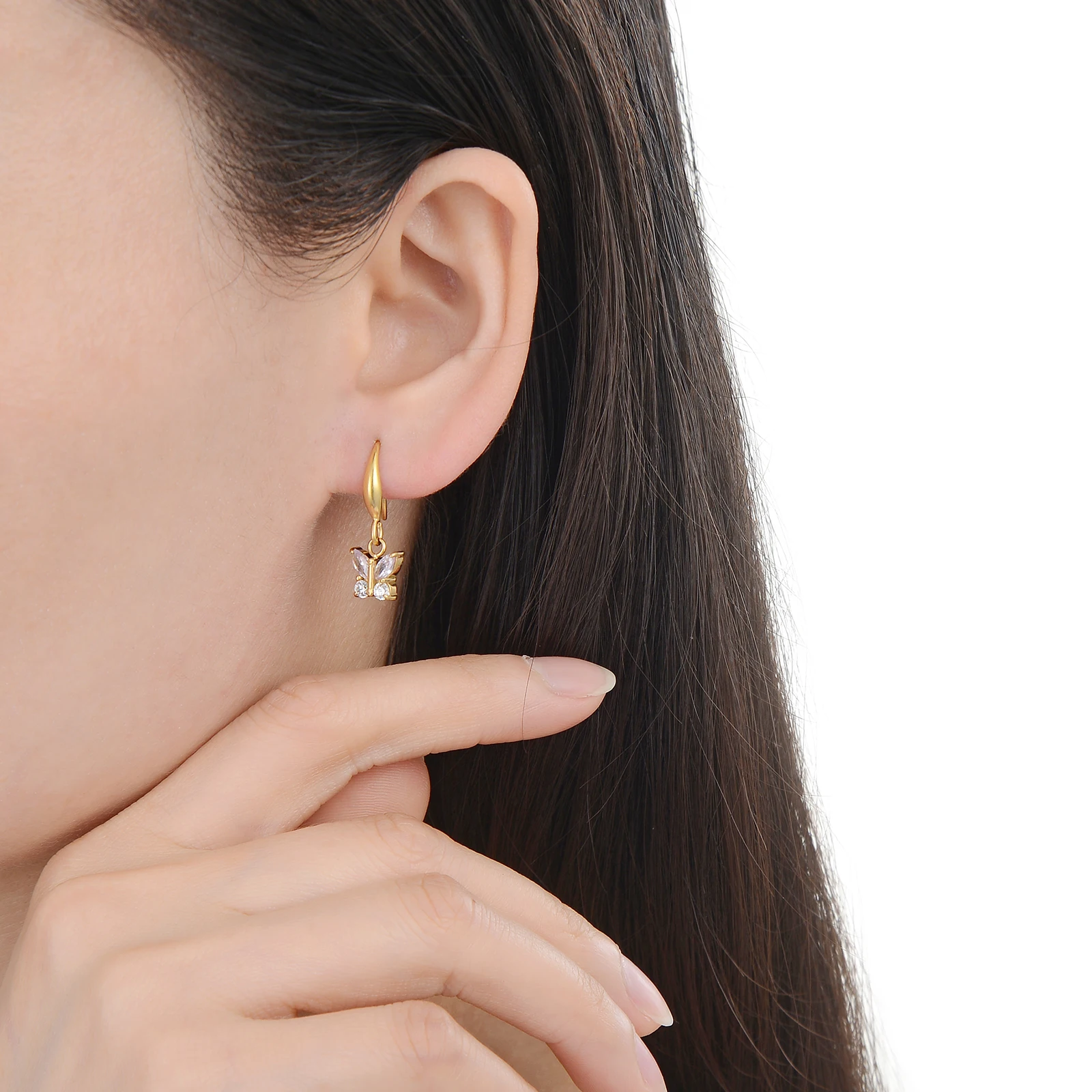 8k Gold Plated Cubic Zirconia Drop Dangle Fish Hook Earrings, Stainless Steel Butterfly Cross Bar CZ Dangling  Earring for Women