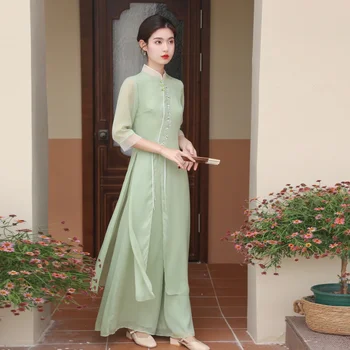 Abito da festa retrò Hanfu Tea Art Tradizionale Vietnam Ao Dai Abito da donna elegante quotidiano Hanfu Ao Dai Abito Qipao quotidiano migliorato 1