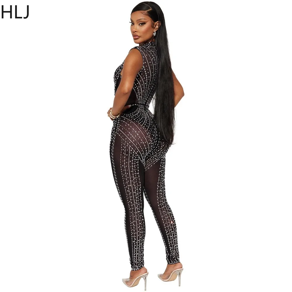 HLJ Black Sexy Mesh Rhinestone Bodycon Nightclub Jumpsuits Women Round Neck Sleeveless Slim Playsuits Fashion Female Overalls