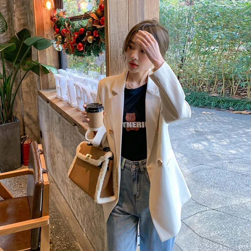 

Новый шикарный двубортный свободный Блейзер, белый для женщин, классическое пальто, Базовый костюм, куртка, Женская шикарная верхняя одежда, Офисная Женская одежда