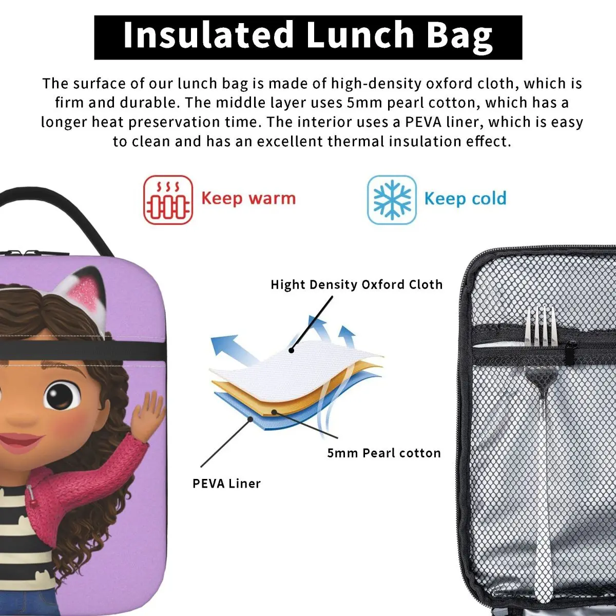 Gabby Dollhouse Cartoon Insulated Lunch Bags Cooler Bag Meal Container Cat High Capacity Tote Lunch Box Food Bag Beach Picnic