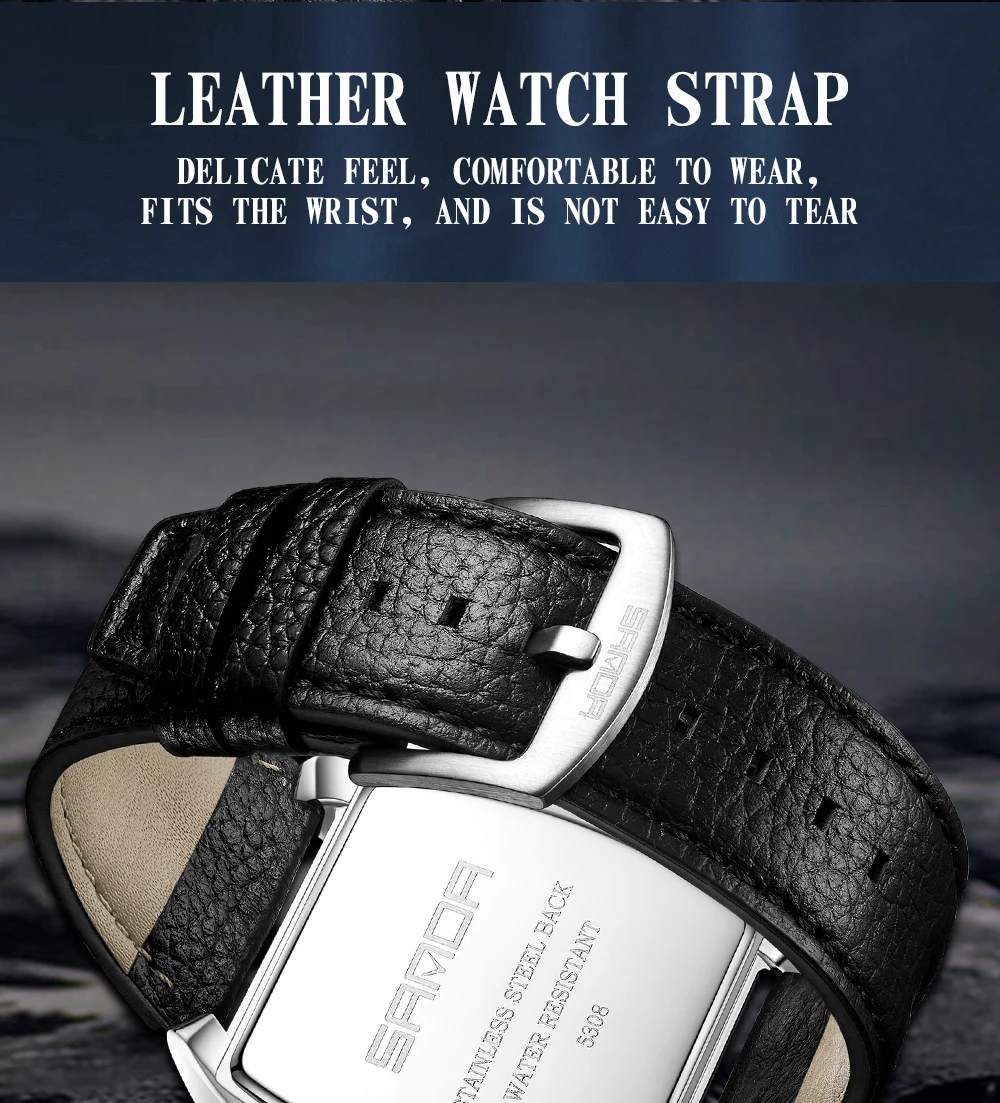 2023 SANDA New Quartz Men's Watch Square Belt with Three Eyes and Six Pin Pin Scales Fashion Trend Fluorescent Men's Watch 5308