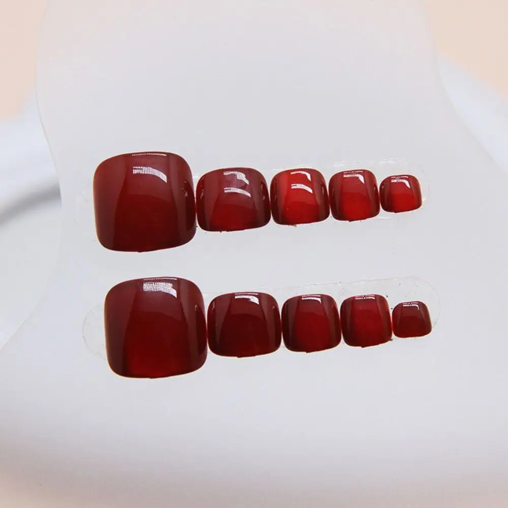 24pcs Fashion Short Square False Nails French Dazzling Press on Nails Red Cat Eye Full Cover Nail Tips Women Girls