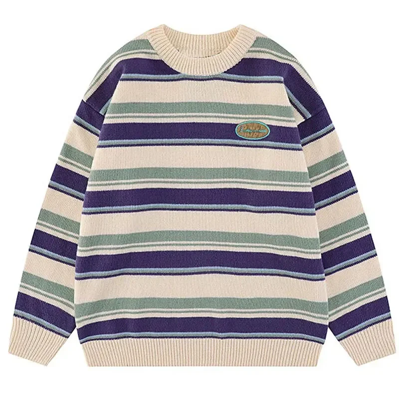 

Japanese Patchwork Striped Sweater Men Knitwears 2023 New Winter Retro Vintage Harajuku Pullover Knit Embroidery Knitted Sweater