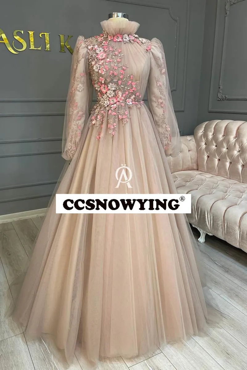 

Tulle Long Sleeve Muslim Evening Dresses Appliques Beaded Hijab Islamic Formal Party Gown Arabic Dubai Women Robes De Soirée