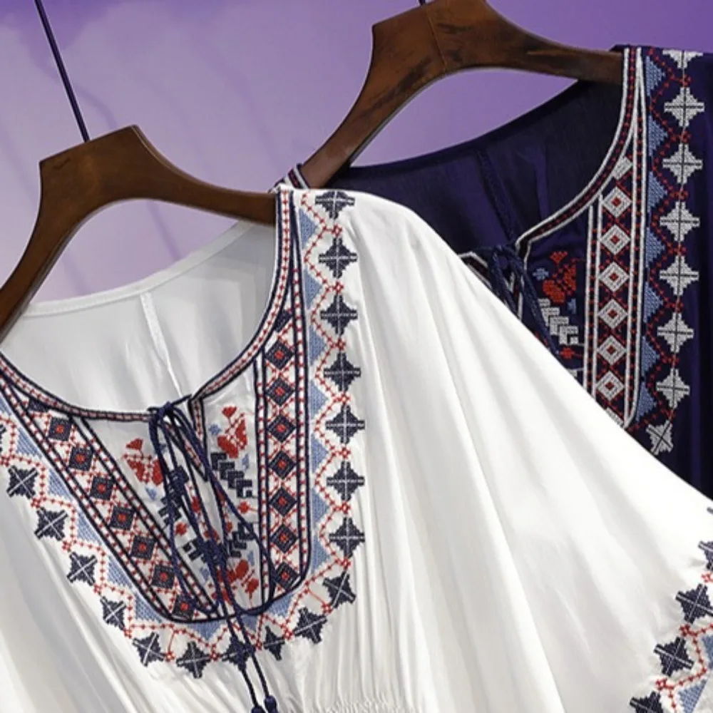 Fashion Lace-up Tassel Bohemian Style T-shirt Loose Embroidery Short Sleeve T Shirt Blouses High Waist Ethnic Style Tops Summer