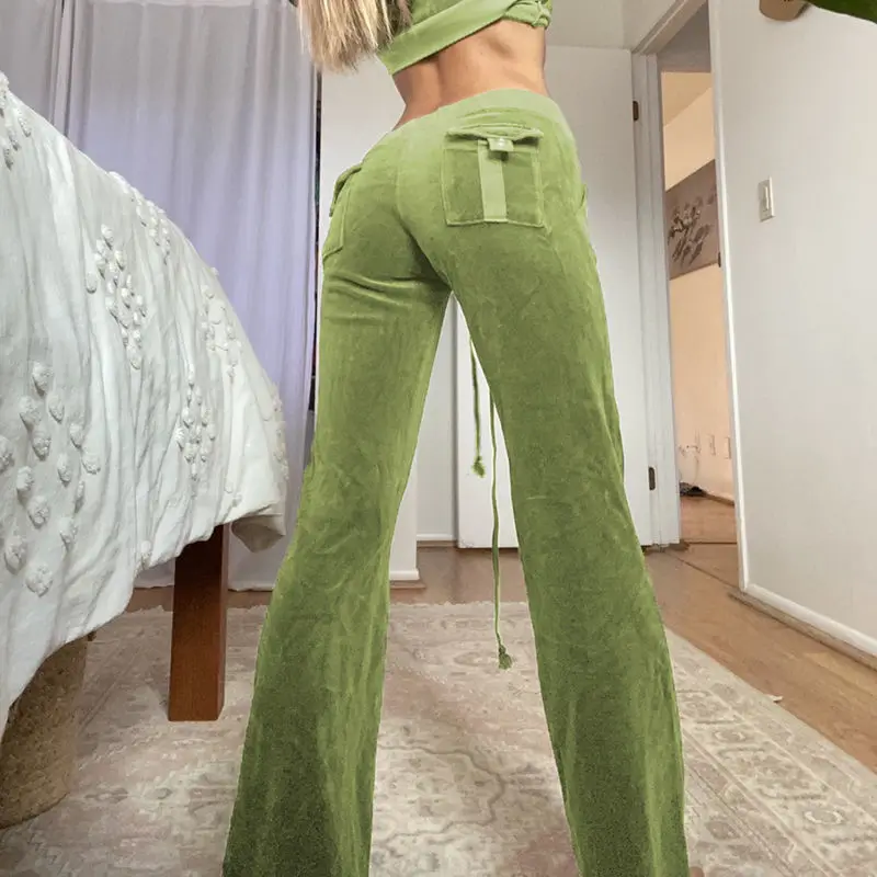 

Feiernan 2022 Green Y2k Streetwear Women Flare Pants Solid Causal Boot Cut Trousers Sexy Baggy Wide Leg Full Length Bottoms