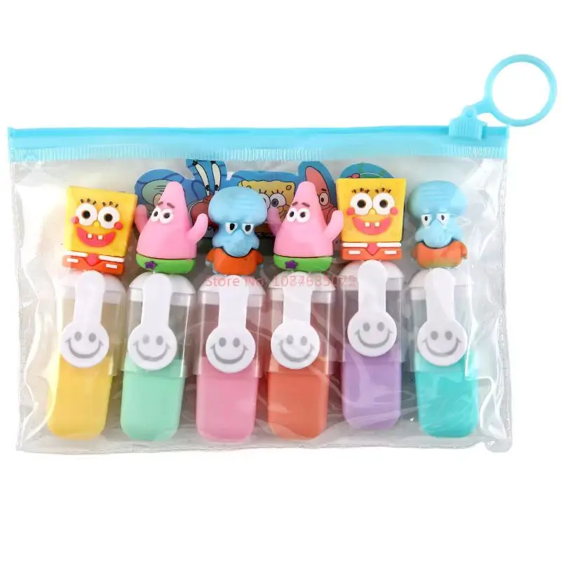 6pcs Spongebob Squarepants Bagged Mini Highlighter Cartoon 6color Diy Handbook Pen Student Marker Supplies Stationery