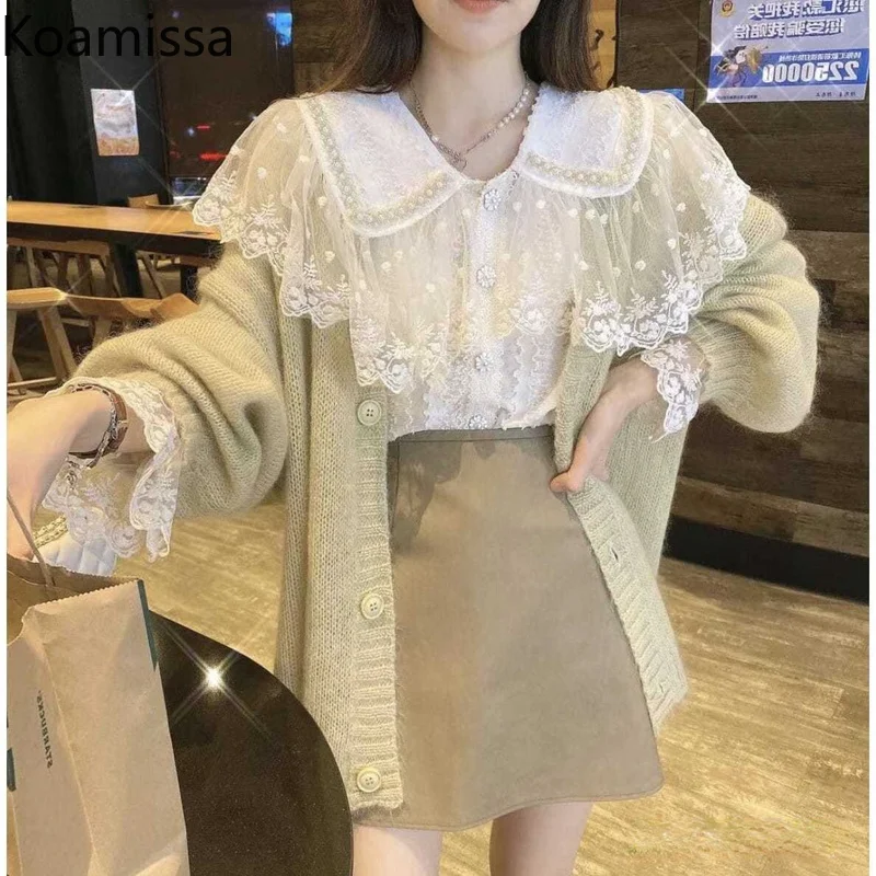 

Koamissa 2022 Spring Women Two Pieces Set Lace Sweet Long Sleeves Blouse High Waist Button Mini Short Skirt Fashion Outfits