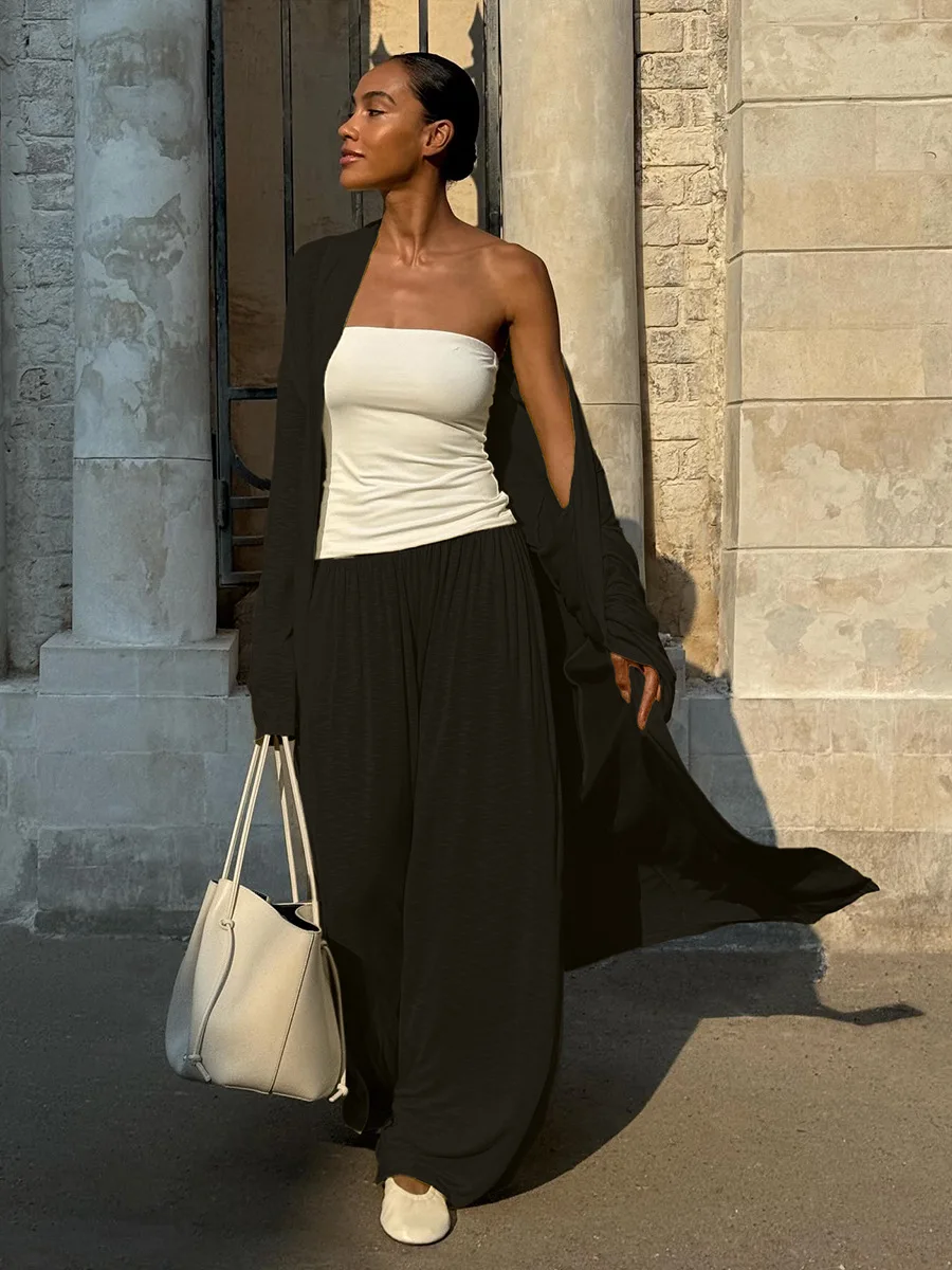 Bornladies Autumn Beachwear Long Sleeved Cardigan Set Women's Maxi Shawl Collar Cardigan Wide Leg Palazzo Pants Set