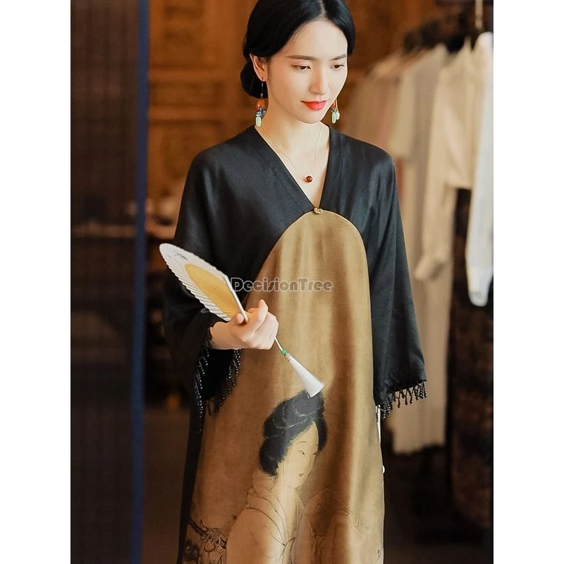 ethnic style brocade printing vintage robe new chinese style literature art temperament dress elegant lady daily clothing