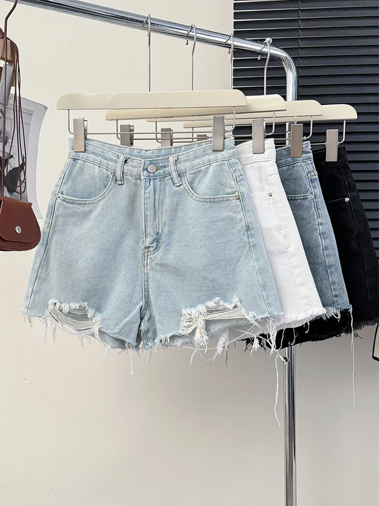 

Vintage High Waist Denim Shorts Women Summer A-line Hole Raw Edge Wide Leg Hot Pants All-matched Female Mini Jeans