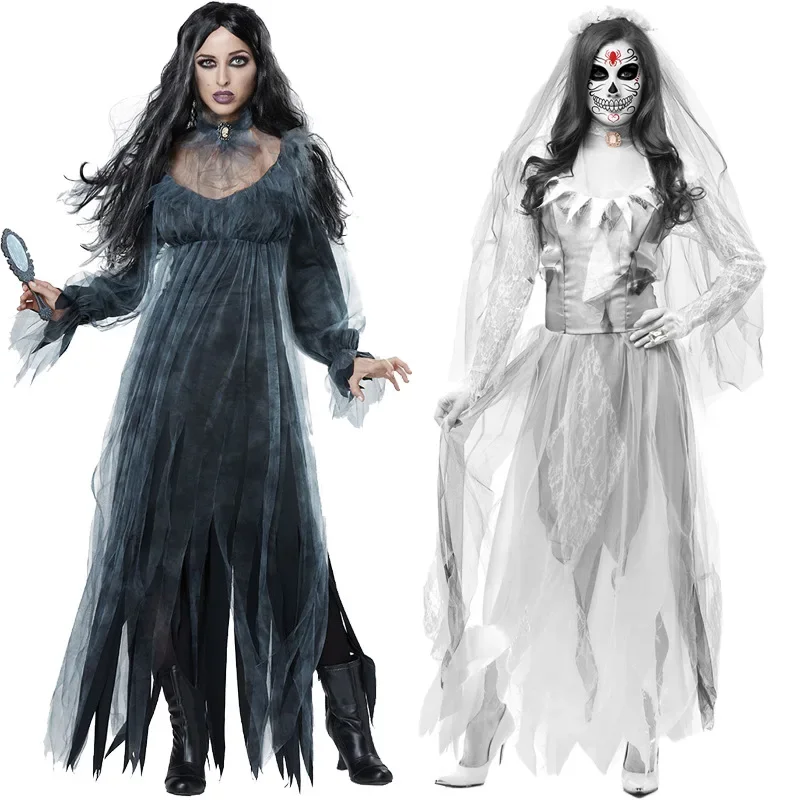 Donne Gothic Halloween Morticia Addams Ghost Witch Costume Horror Lace Dress Gown Robe Clothes