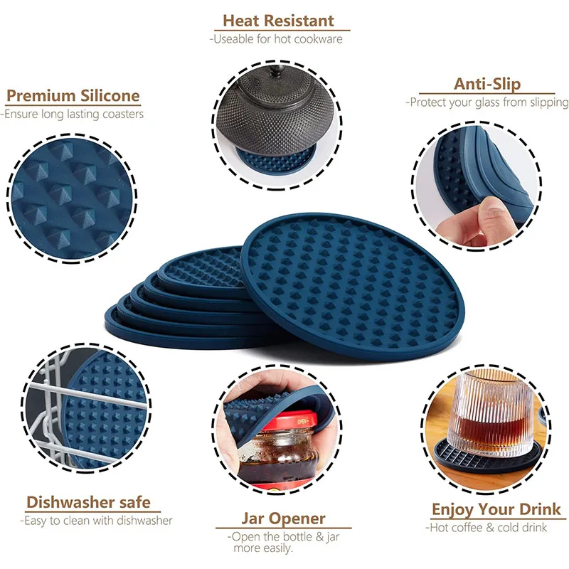 6PCS Silicone Coasters with Stand Tabletop Non-slip Drink Coasters Dishwasher-safe Heat-resistant