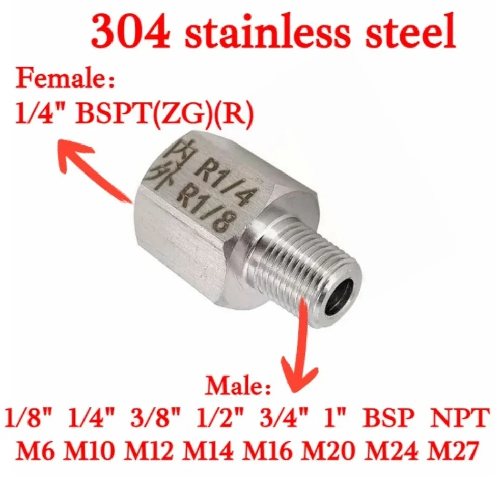 1/4" BSPT Female To Male M10 12 1/8" 1/4" 3/8"BSP NPT Hex Reducer Bushing 304 Stainless Adapter High Pressure for Pressure Gauge