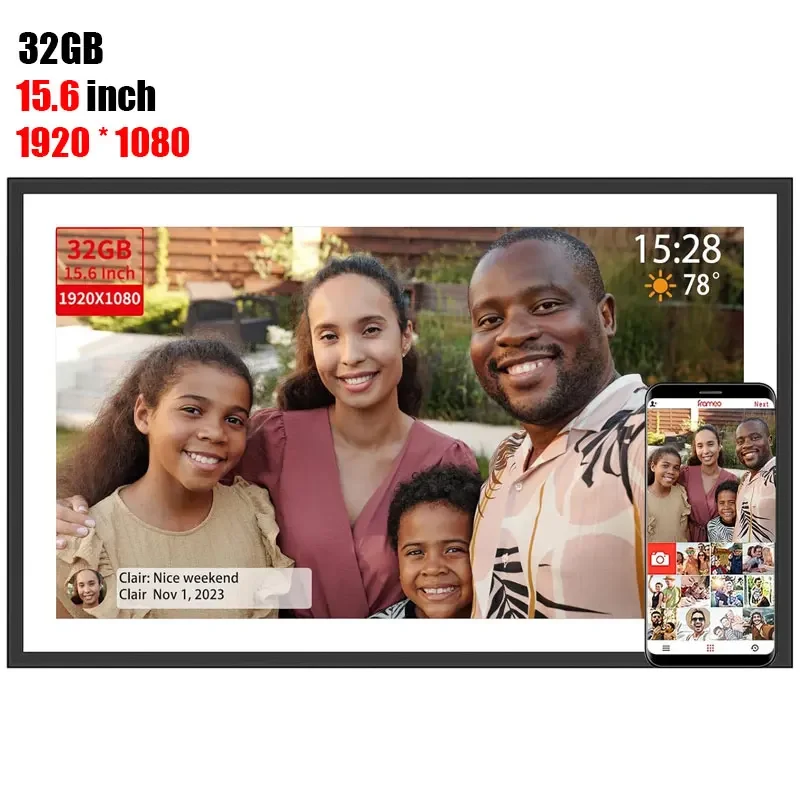 Frameo 15,6-дюймова цифрова фоторамка WiFi 1920 * 1080 IPS HD Сенсорний екран 32 ГБ Розумна фоторамка з автоматичним обертанням, стіна