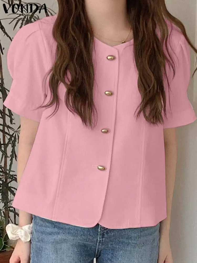 

Women Blouse Summer Short Sleeve Tops 2023 VONDA Bohemian Sexy Round Neck Fashion Solid Color Elegant Shirts Baggy Blusas Femme