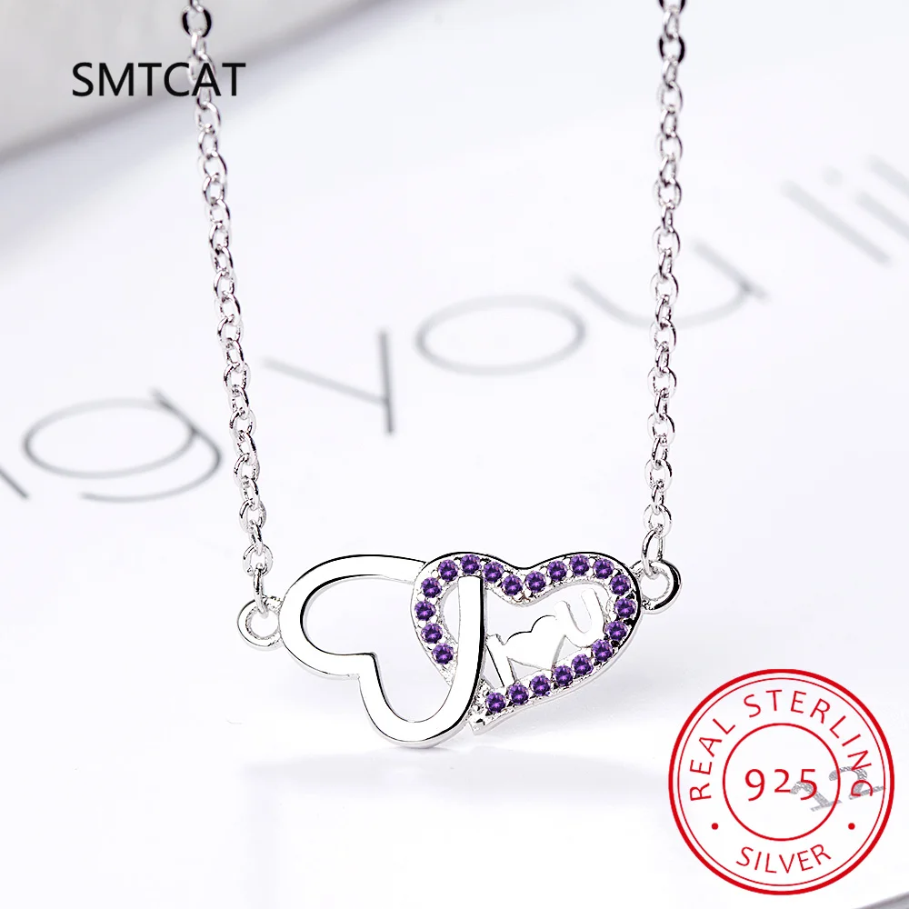 

Real 925 Sterling Silver Sweet Double Heart Dazzling CZ Pendant Short Necklace For Women Wedding Jewelry Gift DS2009