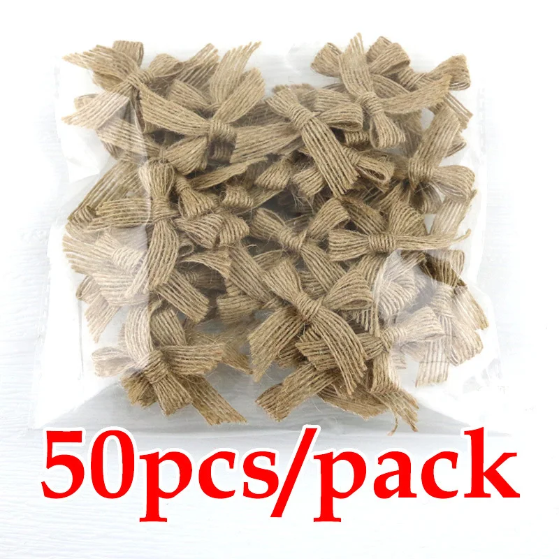 (50 Pcs/pack) 4x4cm Linen Bow Natural Linen Bows Gift Box Clothing Decoration Accessories Home Bow Tie Forest Style Pastoral Bow