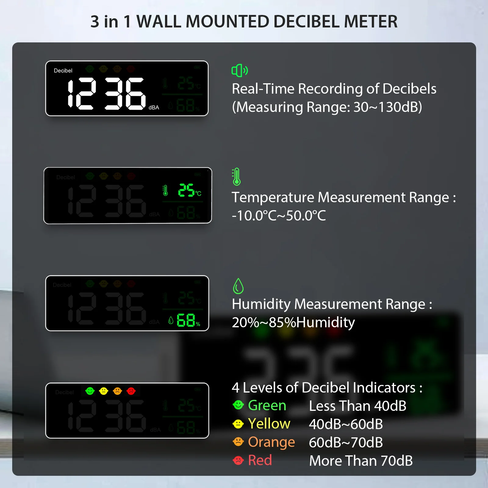Decibel Sound Level Meter 11 inch Large LED Display Noise Temperature Humidity Meter with Alarm Icons Indicator Multi-function 2