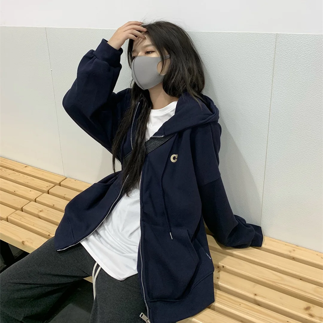 ZOUXO Hoodies Women American Style Solid Color Hooded Hoodies Original Design Loose Chic Cardigan Clothes