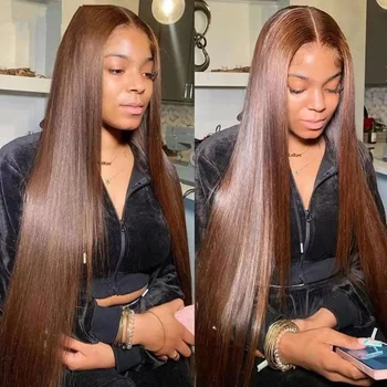 13x6 Hd Lace Frontal Wigs 100% Human Hair Wigs 250 Density Chocolate Brown Straight Colored Human Hair Wig 1