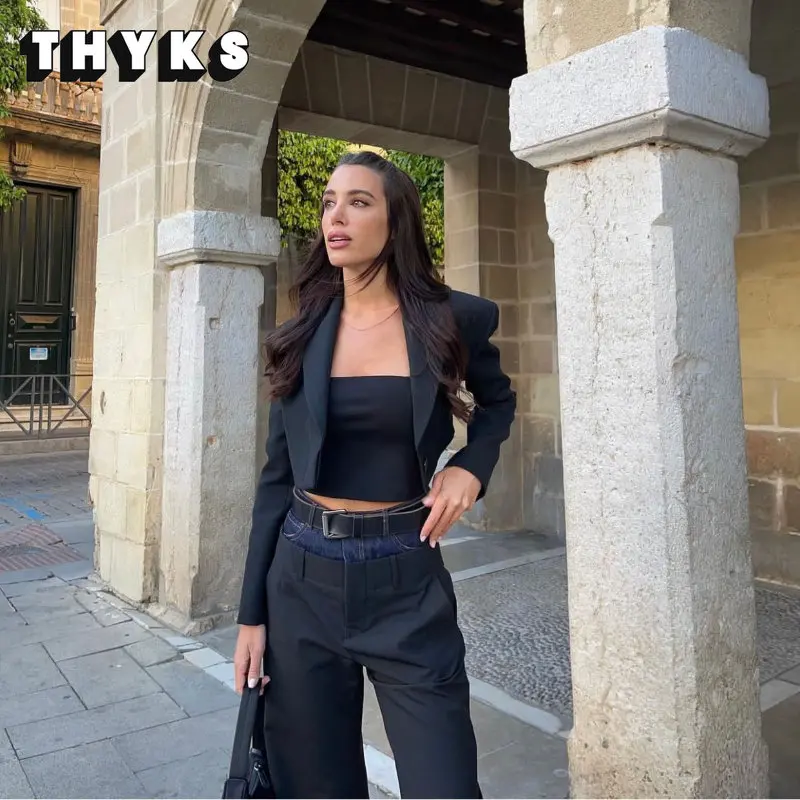 

New Women Blazer Two Piece Set Long Sleeves Single Button Short Small Suit Denim Spliced Straight Leg Trouser Set Versatile Lady