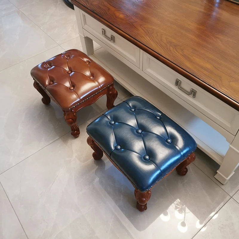 Solid Wood Stool American Leather Stool Leisure Seat Nordic Furniture Footstool Change Shoe Stool Folding Chair Customized