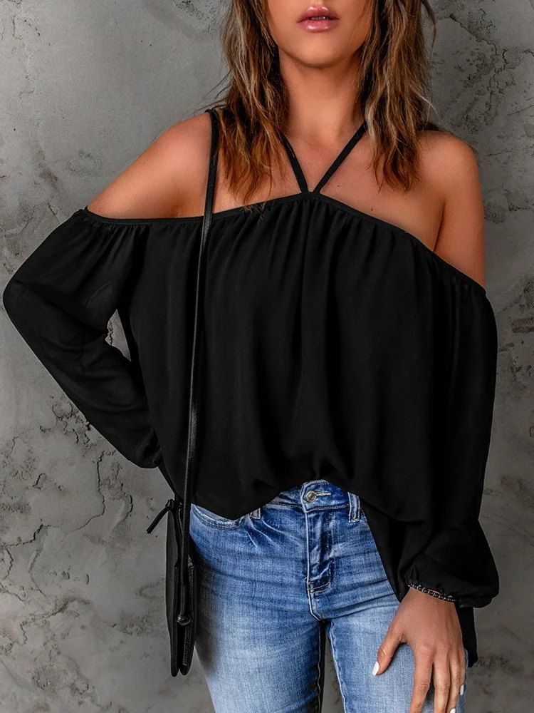 

Women's Chiffon Blouse Halterneck Suspender Bandeau Long Sleeve Spring Clothes Summer Shirt Woman Novelty 2023 Solid Color Top