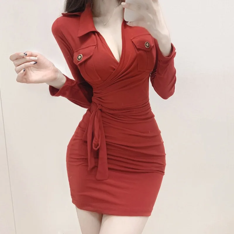 

Korean Version 2022 Spring New Red Sexy Hip Wrap Skirt Waist Tight Bandage Feminine Dress Lapel Long Sleeve Mini Dresses Lady