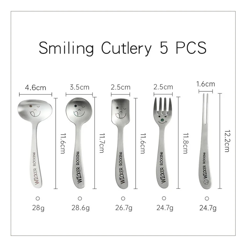 Stainless Steel 304 Kids Cutlery Cartoon Smiling Pattern Carving Child Tableware Cute Spoon Fork Set Baby Feeding Flatware