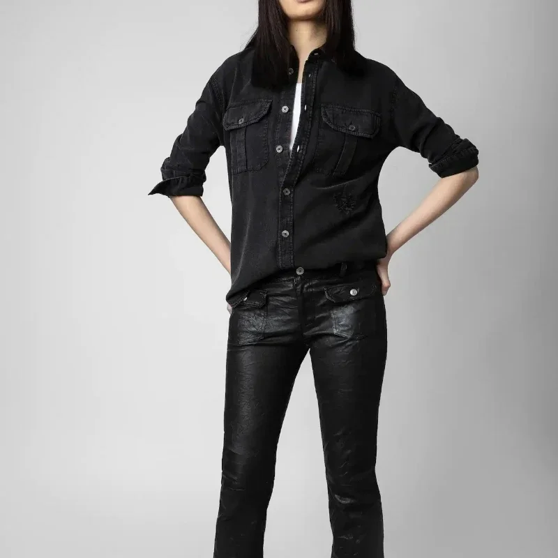 

Spring and Summer New Fashion Black Denim Single-breasted Double-pocket Women Shirt
