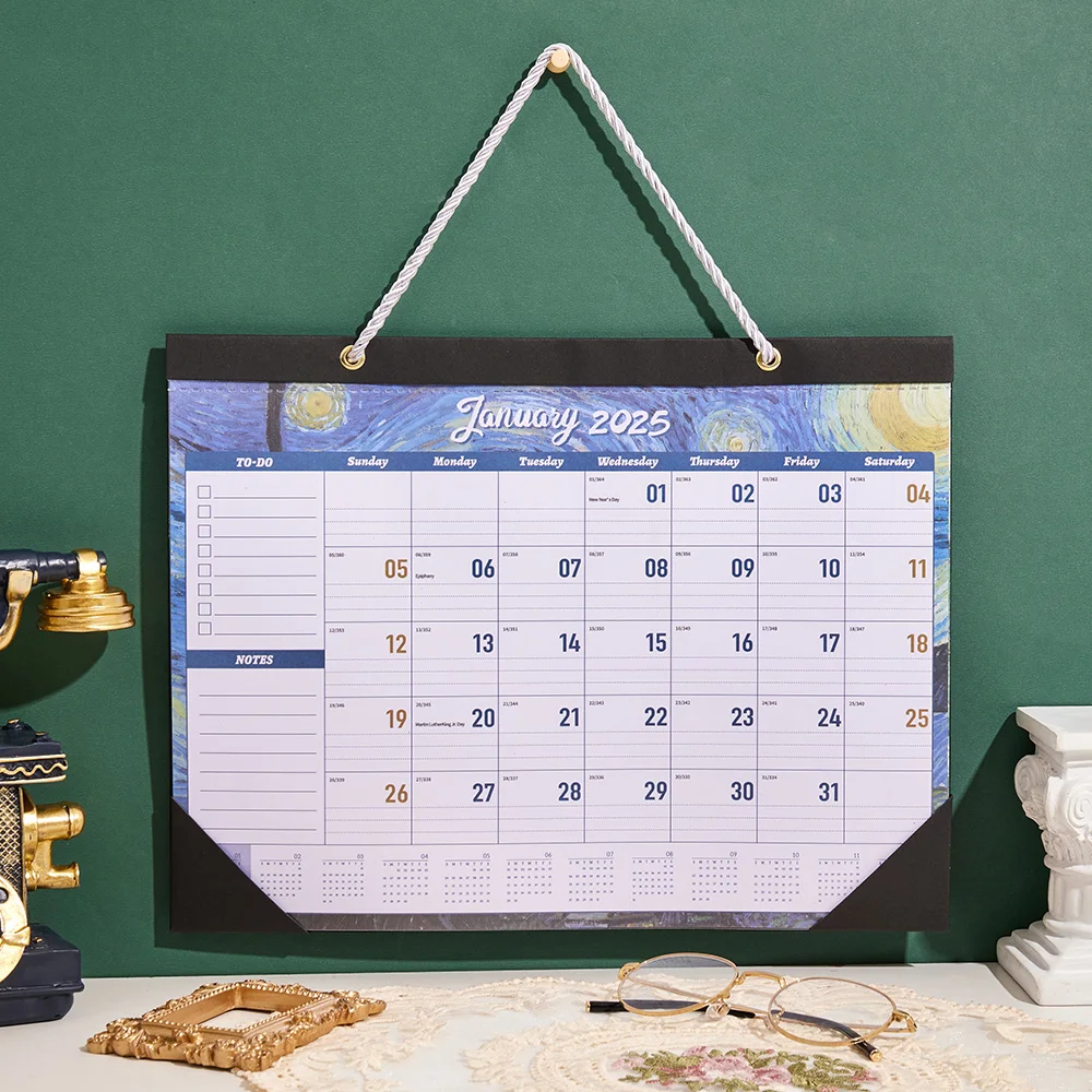 12 sheets Vintage 2025 Painting Wall Monthly Calendar Waterproof Cover Weekly Planner Study Check-in Message Hanging Calendar wall calendar,paper wall calendar