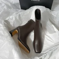 Autumn and Winter New Brown Short Boots with Velvet Coarse Heel French Ankle Boots and Back Zipper Square Head Boots - Image 2