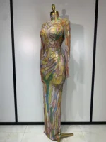Sparkly Rhinestone Stretchy Mesh See Through Dress Women Performance Dancer Costume Rompers Party Nightclub Stage Outfit - Image 2