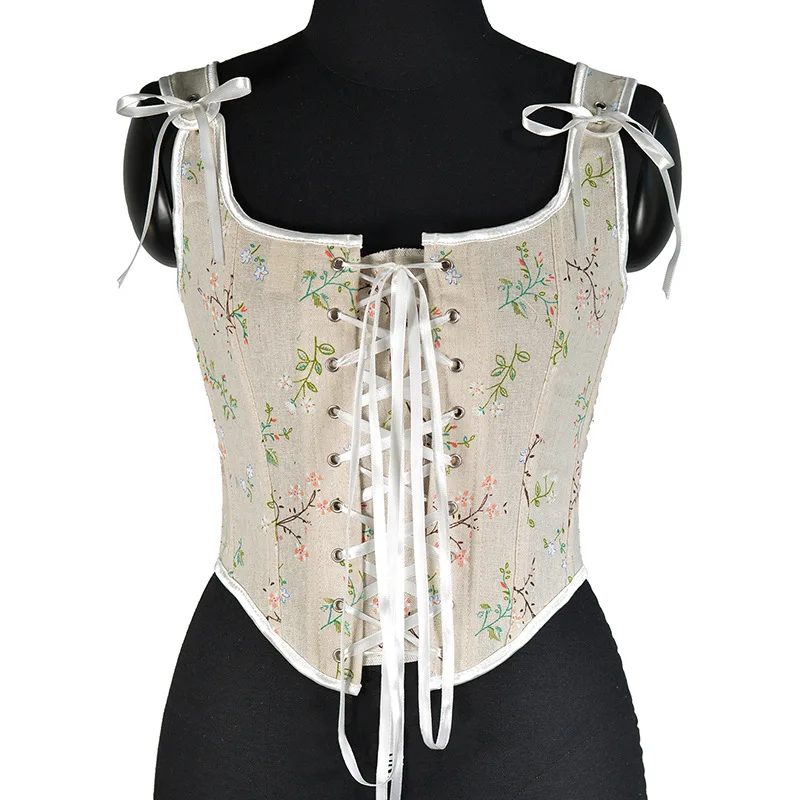 

Vintage Elegant Print Lace Halter Tops French Designer Bandage Floral Corset Shirts Chic Sexy Party Ladies Top Bustier Crop