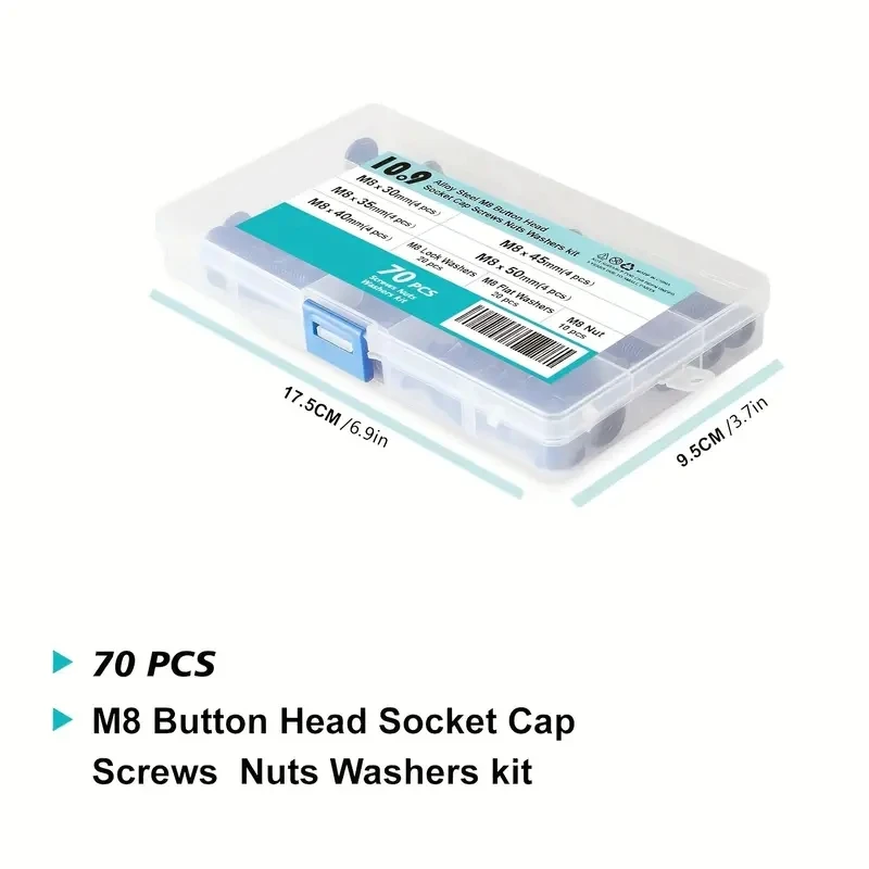 70 pieces M8 x 30mm 35mm 40mm 45mm 50mm, round head sleeve screw bolt washer nut kit, 10.9 grade alloy steel.