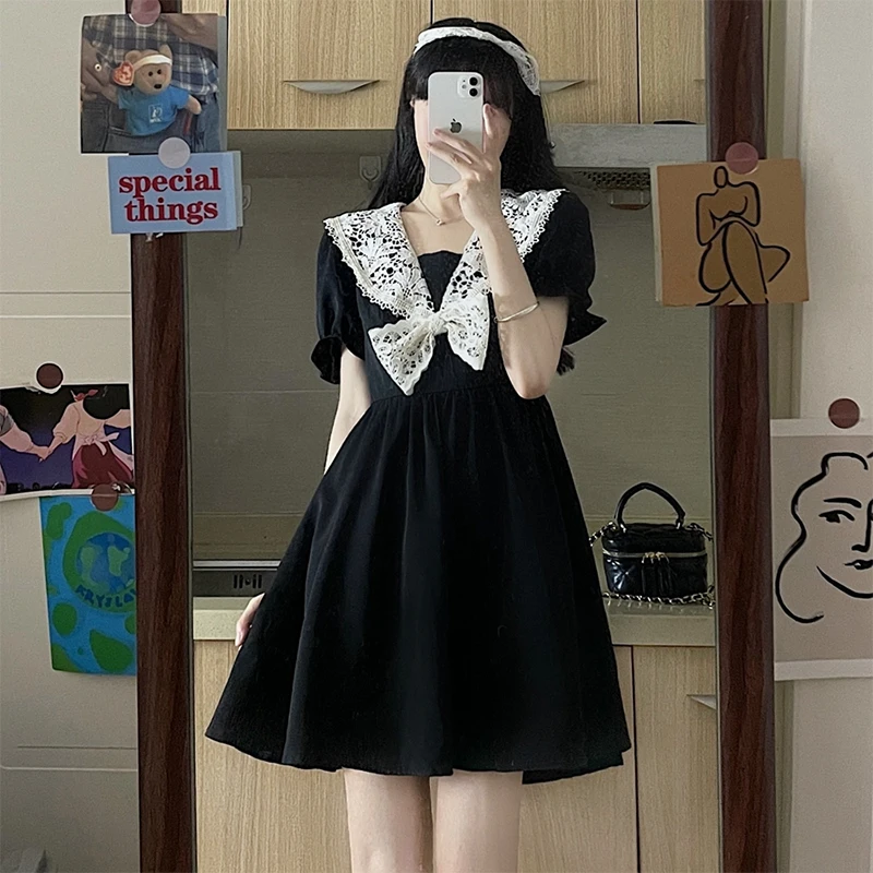 

French Vintage Lace Splice Doll Neck Dress Women's Summer Fragrant Style Little Black Dress