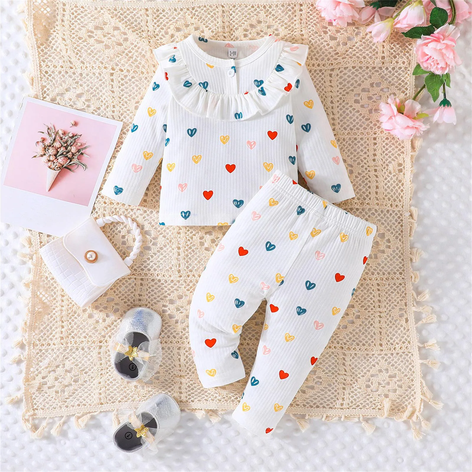 

0-24Months Newborn Baby Clothes Sets Casual Round Collar Print Top Pants Heart Shaped Casual Fashion Suits New Born Girl Clothes