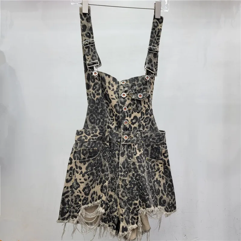 Hot Drilling Sweet Denim Suspender Shorts Female Student 2024 Summer Fashion Preppy Style A- Line Ripped One-Piece Hot Pants