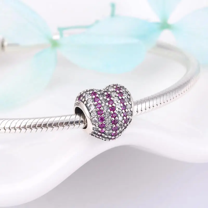 Charming Pink CZ Heart Authentic 925 Sterling Silver Bead DIY Jewelry Making Fit Original LYNACCS Charms Bracelet Women 4