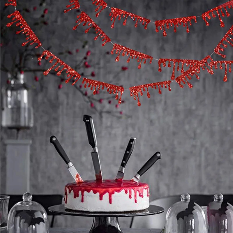 

Блестящие бумажные гирлянды с красной кровью для красного Хэллоуина дня рождения страшный праздничный флаг на Хэллоуин