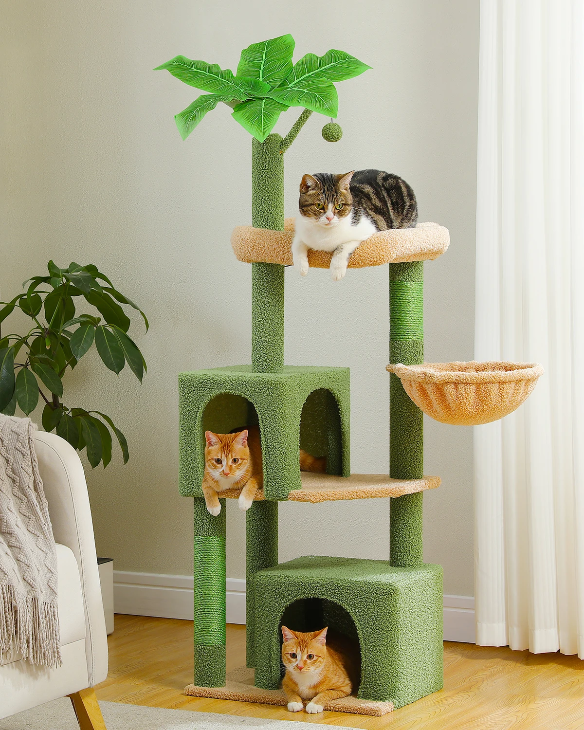 Cactus-Themed Modern Cat Tree Tower with Two Sisal Scratching Posts Dual Apartments One Hammock for Amusement and Relaxation