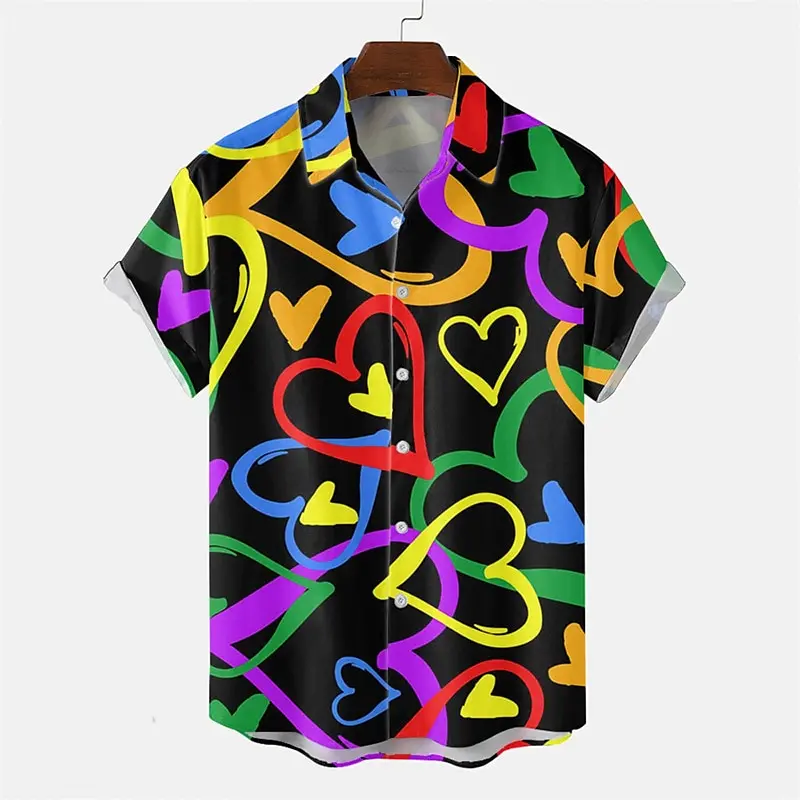 

Heart rose color printed casual men's shirt buttoned T-shirt casual wear date vacation spring and summer lapel