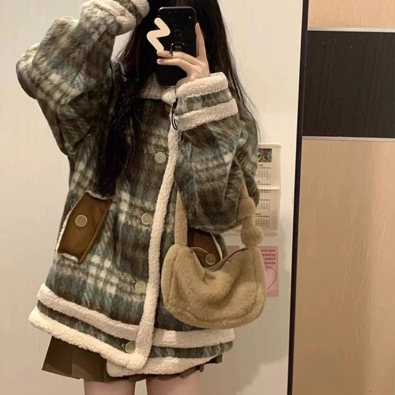 

Autumn Winter Fashion Vintage Plaid Lamb Wool Tweed Jackets Women Loose Thickened Single Breasted Coat Harajuku BF Style Outwear